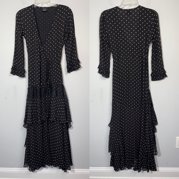 PINKO Georgette Polka Dot Wrap Long Maxi Dress Ruffled Lace Panel Black & White - Picture 7 of 16